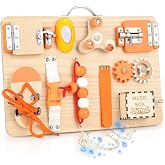 Joyreal Wooden Montessori Busy Board for Toddlers | Orange Color 12 Motor Skill Sensory Activity Board, Screen-Free Play, Educational Travel Toys, Birthday Christmas Gift