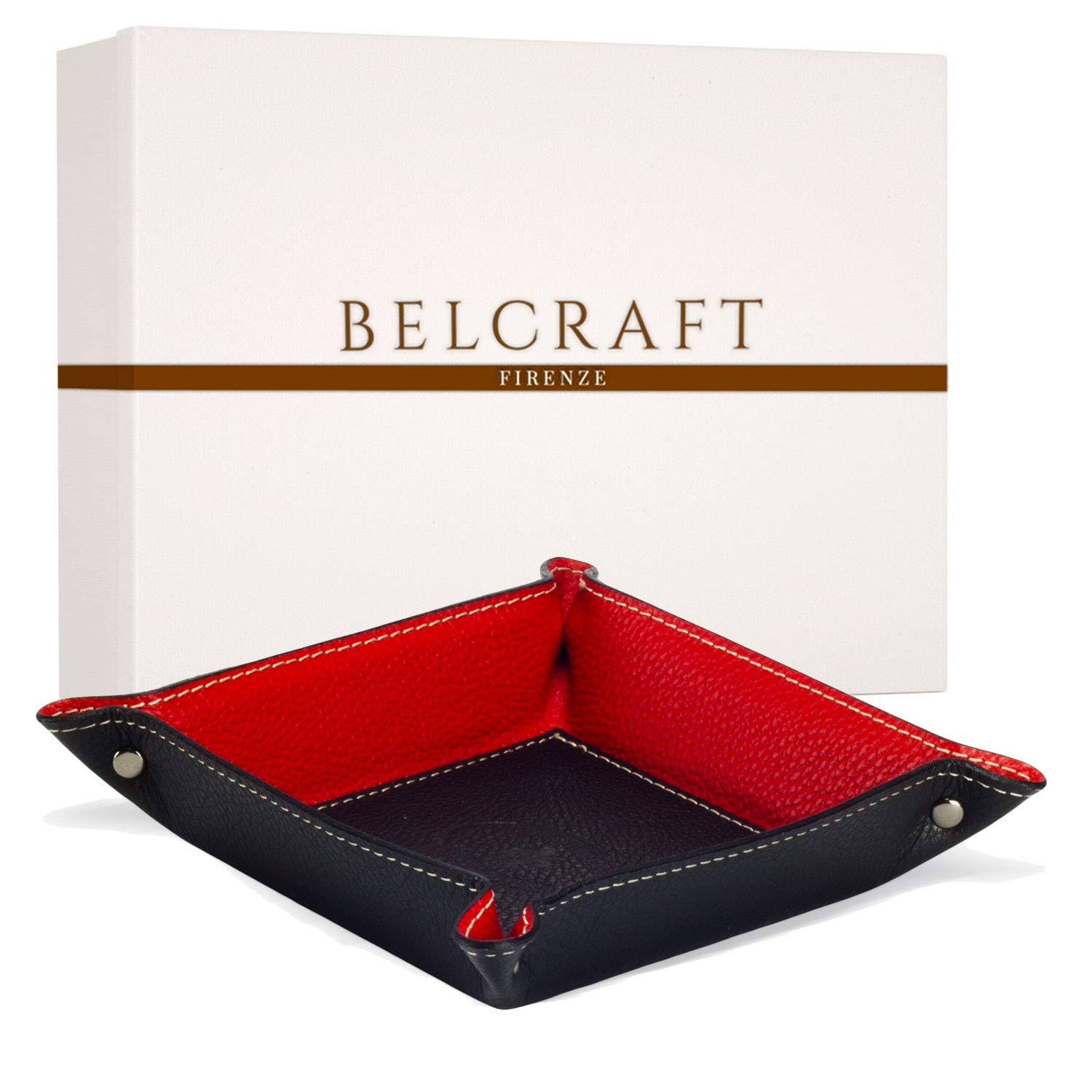 BELCRAFT Luni Medium Leather Tidy Tray, Elegant present Box, Handmade Classic Italian Style, Key Wallet, Coin Box, Black (19x19 cm)