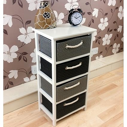 White Wooden Chest Of 4 Wicker Drawers In Black Grey Storage