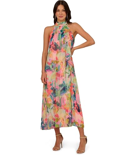 Adrianna Papell Women's Halter Printed Midi Dress, Turquoise Multi, 14 at Amazon Women's Clothing store