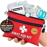 Protect Life Travel First Aid Kit for Car - Small Mini Emergency Kit, 100 Piece Waterproof First Aid Kit for Home, Camping, Boat &amp; Hiking - Includes Emergency Blanket &amp; First Aid Guide