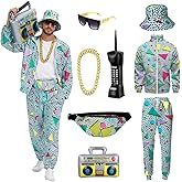 PWQMGY Retro 80s 90s Outfit for Men - Vintage 80s Halloween Costumes for Men-Tracksuit Set with Hip-Hop Accessories