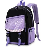 VASCHY Backpack for Girls, Cute Elementary School Bag Bookbag for Primary Schooler Kids with Sparkling Sequin Clear Pocket Black Purple