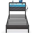 Seventable Bed Frame Twin Size with Charging Station, LED Bed with Upholstered Storage Headboard, Metal Platform Bed with Under Bed Storage, No Box Spring Needed, Noise Free, Easy Assembly, Grey