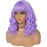BEAUTIFA Purple Wig with Bangs for Women 14 Inch Lavender Wigs Short Bob Wavy Curly Wig Heat Resistant Synthetic Colorful Wig