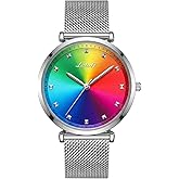 Letoff Rainbow Color Watch for Women, Stainless Steel Mesh Band with Gradient Dial and Crystal Accents, Elegant Analog Wristwatch, Statement Fashion TimepieceWater Resistant 100ft