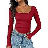 Tankaneo Womens Long Sleeve Shirts Ribbed Knit Fitted Crop Tops Going Out Square Neck Spring Fall Trendy Casual Basic Tees
