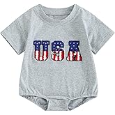 FEIBEL 4th of July Baby Outfit Infant Boy Girl Bubble Romper USA Embroidery Short-Sleeve Crewneck One-Piece Holiday Outfit