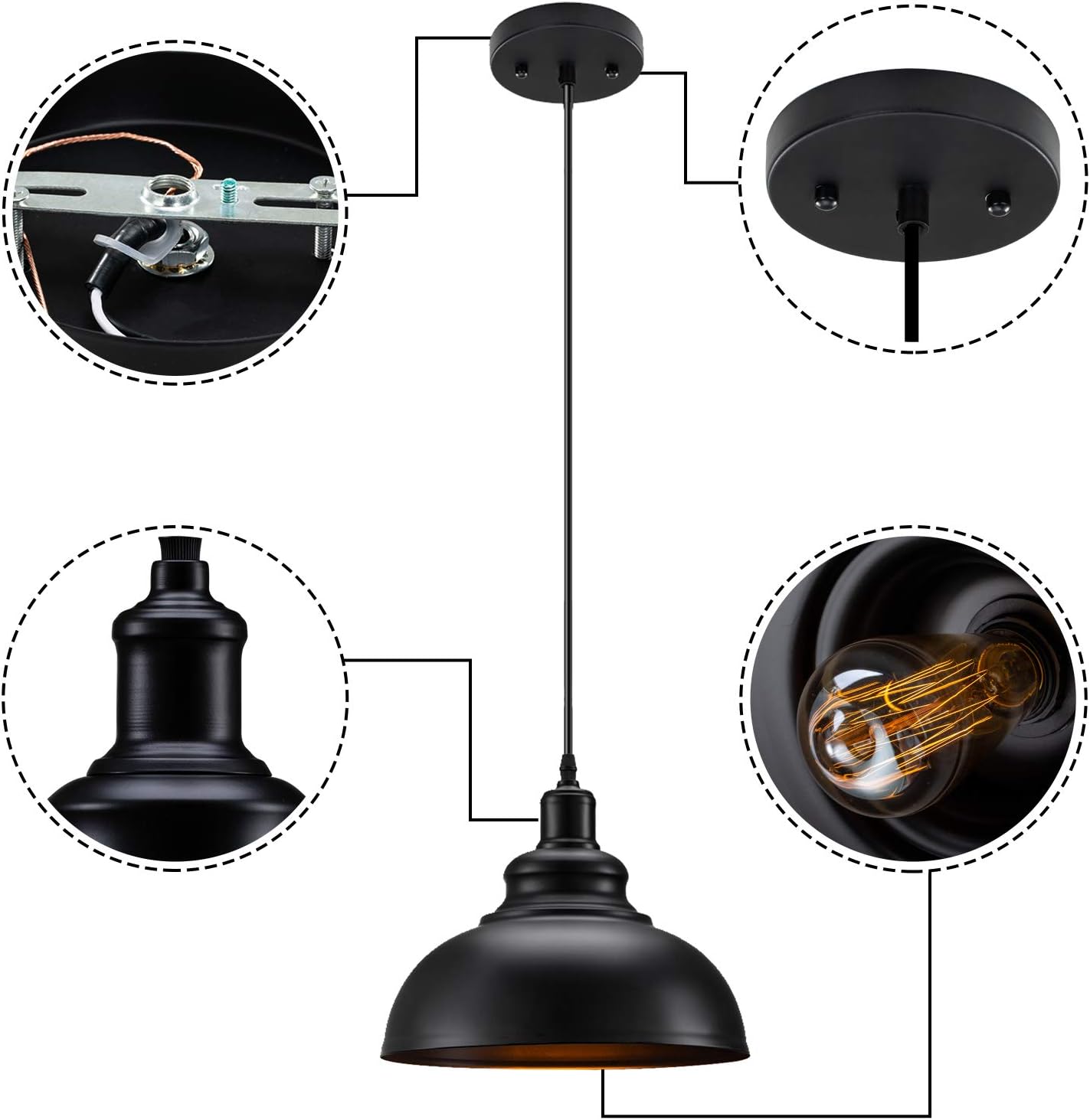 Industrial Pendant Lighting 1 Pack, Matte Black Metal Barn Vintage Farmhouse Style Kitchen Hanging Light Fixture for Kitchen Dining Room - - 