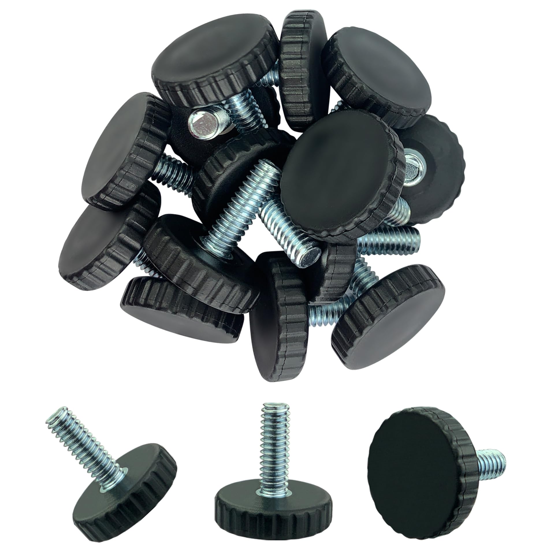 Photo 1 of 1/4" Threaded Table/Chair/Furniture Feet Levelers Screw in Threaded (12 Pack) Adjustable Leveling Foot Pads Glides Screw on for Bar Stool/Bench/Bed/Cabinet/Desk/Dresser/Wood Legs(Black,Nylon,1/4-20)