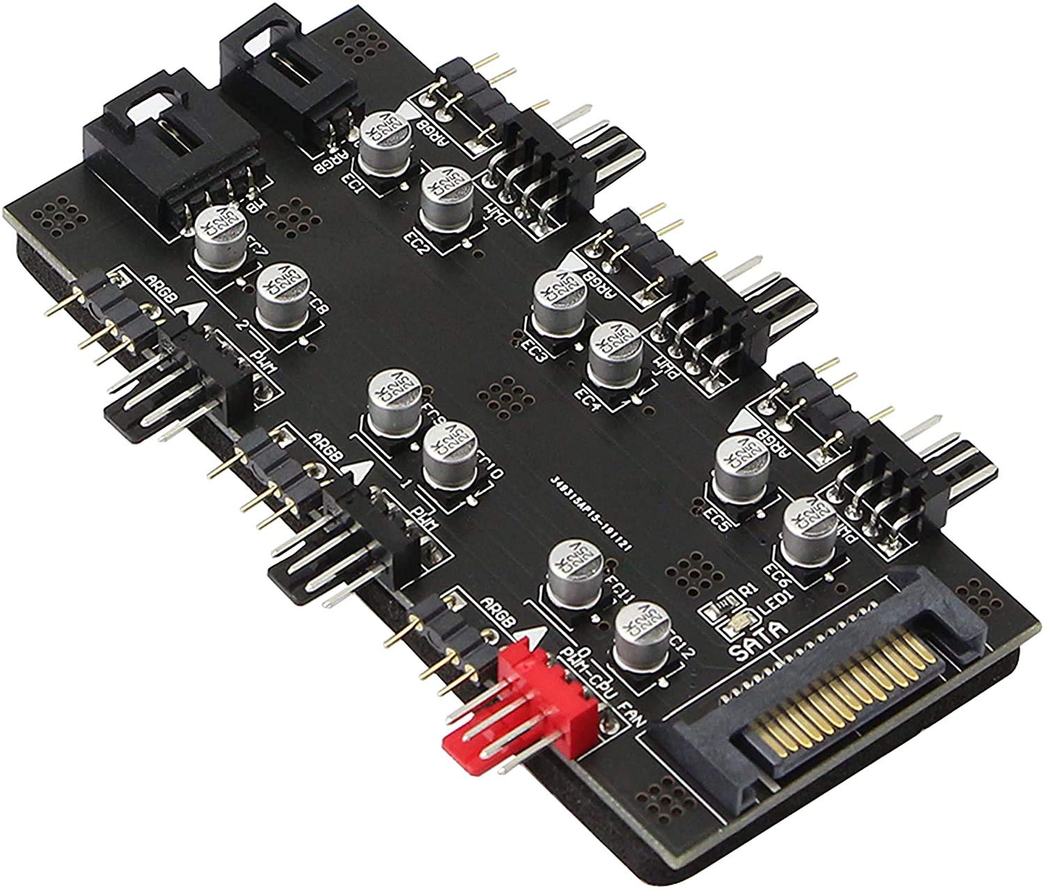 12V 4Pin PWM & 5V 3Pin ARGB with SATA 15Pin Power 2-in-1 Hub 6 Way Sync CPU Cooling Fan Addressable RGB Lighting PCB Splitter for Extended Motherboard Interface