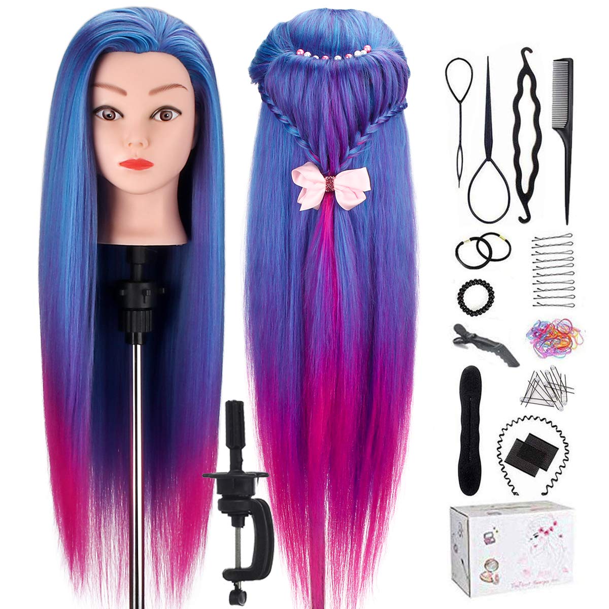 TopDirect 26inch 100% Synthetic Fiber Hair Training Head Cosmetology Hairdressing Mannequin Manikin Doll Head with Table Clamp Holder & DIY Hair Braid Set