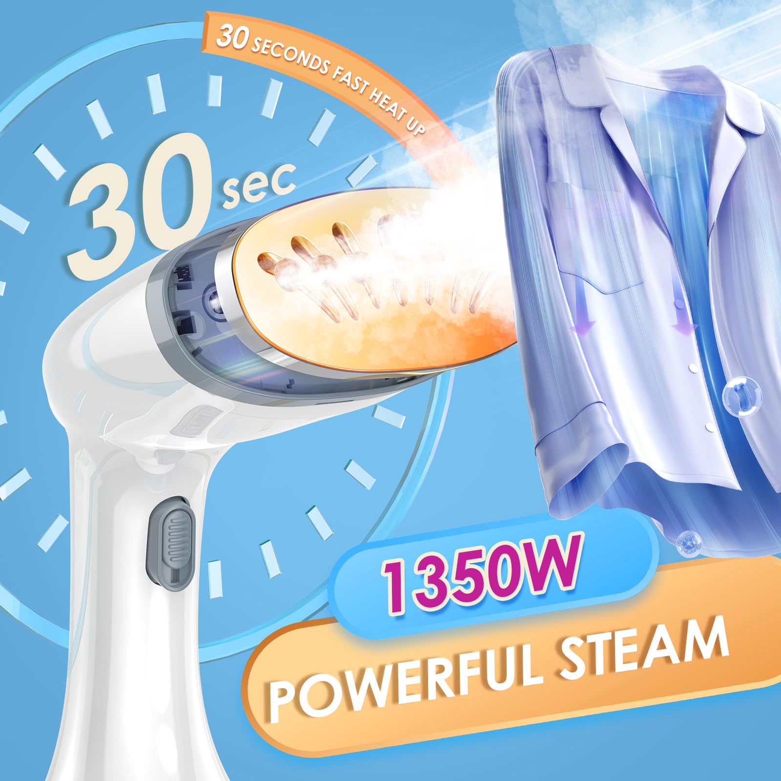 30S Fast Heat-up Remove Wrinkles Steamer for Clothes, 1350W Handheld Clothes Steamers for Home Curtains Clothes, Garment Steamers with 380ML Detachable Water Tank and Heat Insulation Gloves
