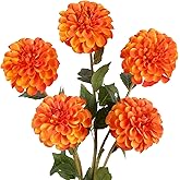 IPOPU 5 Pcs Orange Artificial Dahlia with Stem 27” Silk Dahlia Fake Flower Decor for Tall Vase Living Room Bathroom Wedding and Engagement Birthday Party Aisle Outdoor