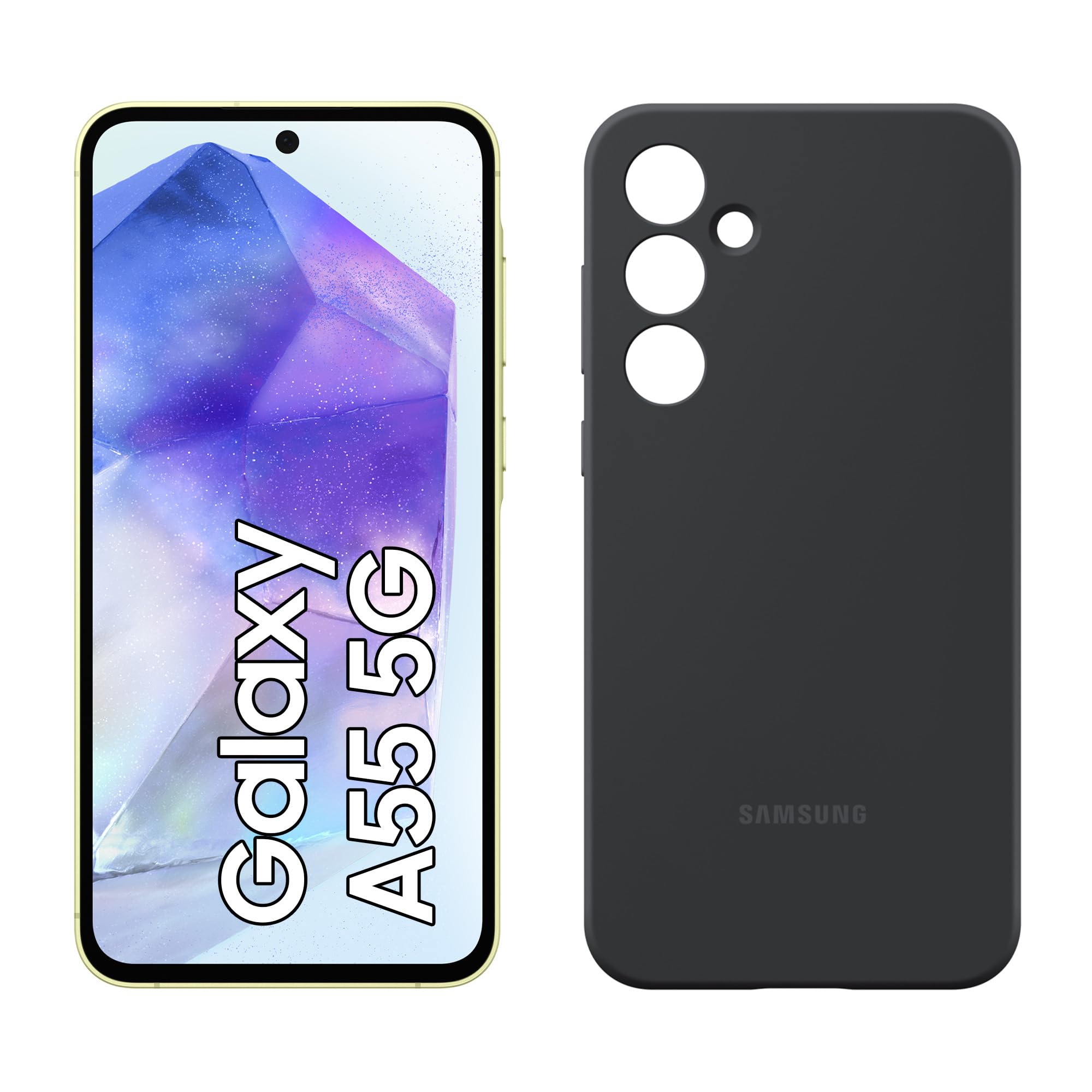 Samsung Galaxy A55 5G Smartphone, Android-Handy ohne Vertrag, 128 GB - 8 GB RAM, 2 Tage Akkulaufzeit, 50-MP-Kamera, Awesome Lemon+Silicone Case, Black