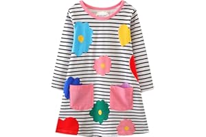 HILEELANG Toddler Girl Long Sleeve Dress Stripe Rainbow Christmas Easter Cotton Casual Tunic Playwear Basic Shirt Party Dresses