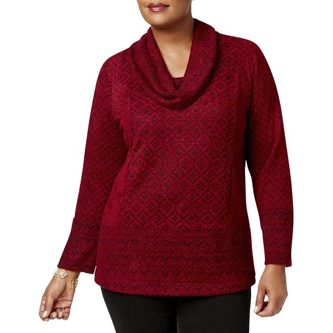 Style & Co. Womens Plus Jacquard Geometric Shawl-Collar Sweater Red 0X