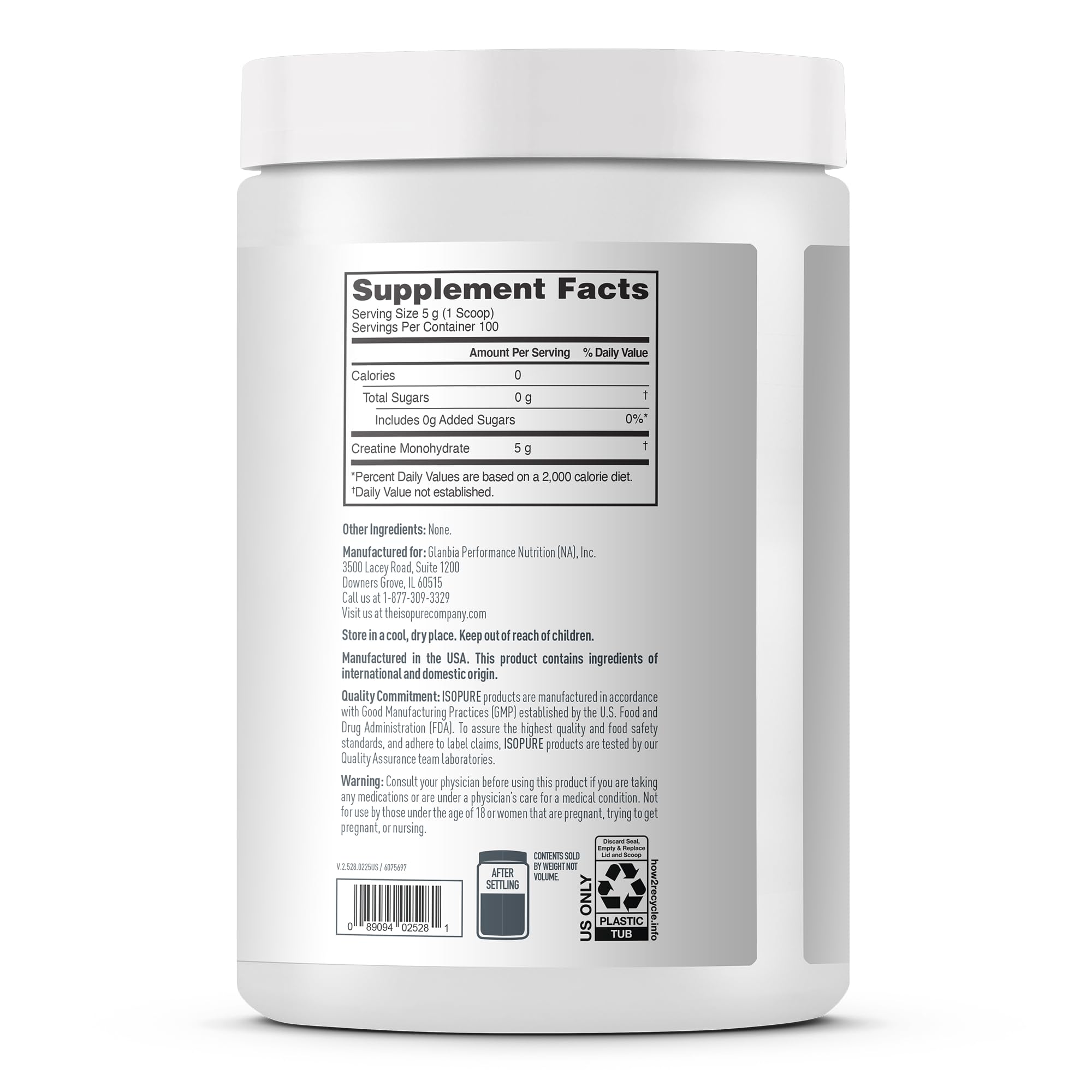 Isopure 100% Pure Creatine Monohydrate Powder, Sugar Free, Unflavored, 5g Creatine Monohydrate Per Serving, 1.1 Lbs, 100 Servings (Packaging May Vary)