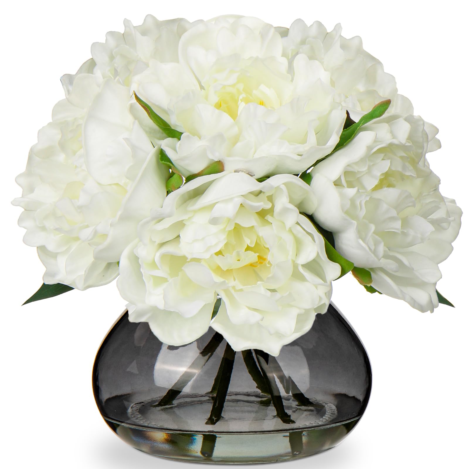 Photo 1 of Hollyone Peonies Artificial Flowers with Vase White Peony Fake Flowers Faux Silk Flower Arrangements in Glass Vase with Faux Water Faux Floral Bulk Bouquet for Home Office Table Centerpiece Decoration
