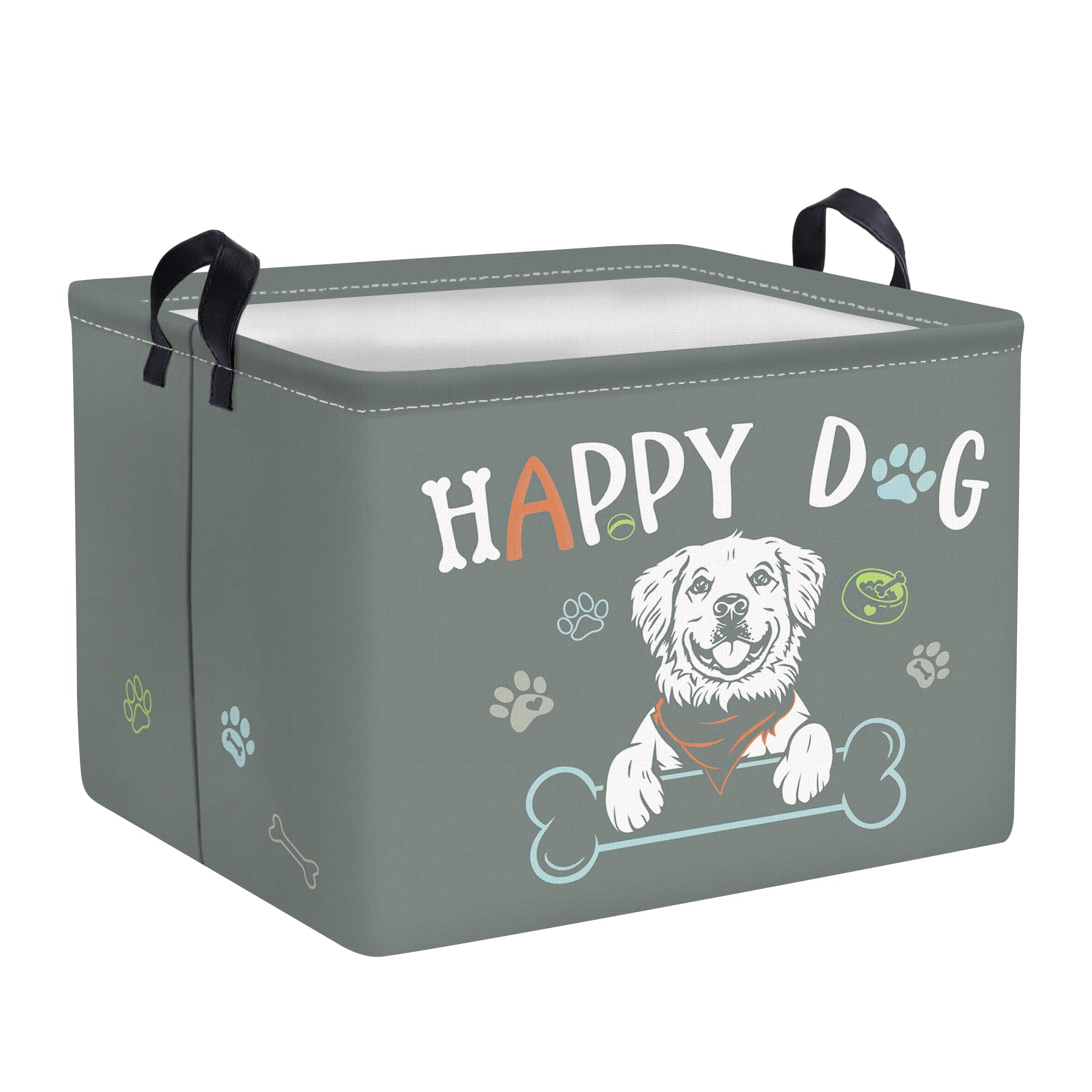 Clastyle Waterproof Grey Happy Dog Toy Storage Baskets for Puppy, 15.7x11.8x11.8 in