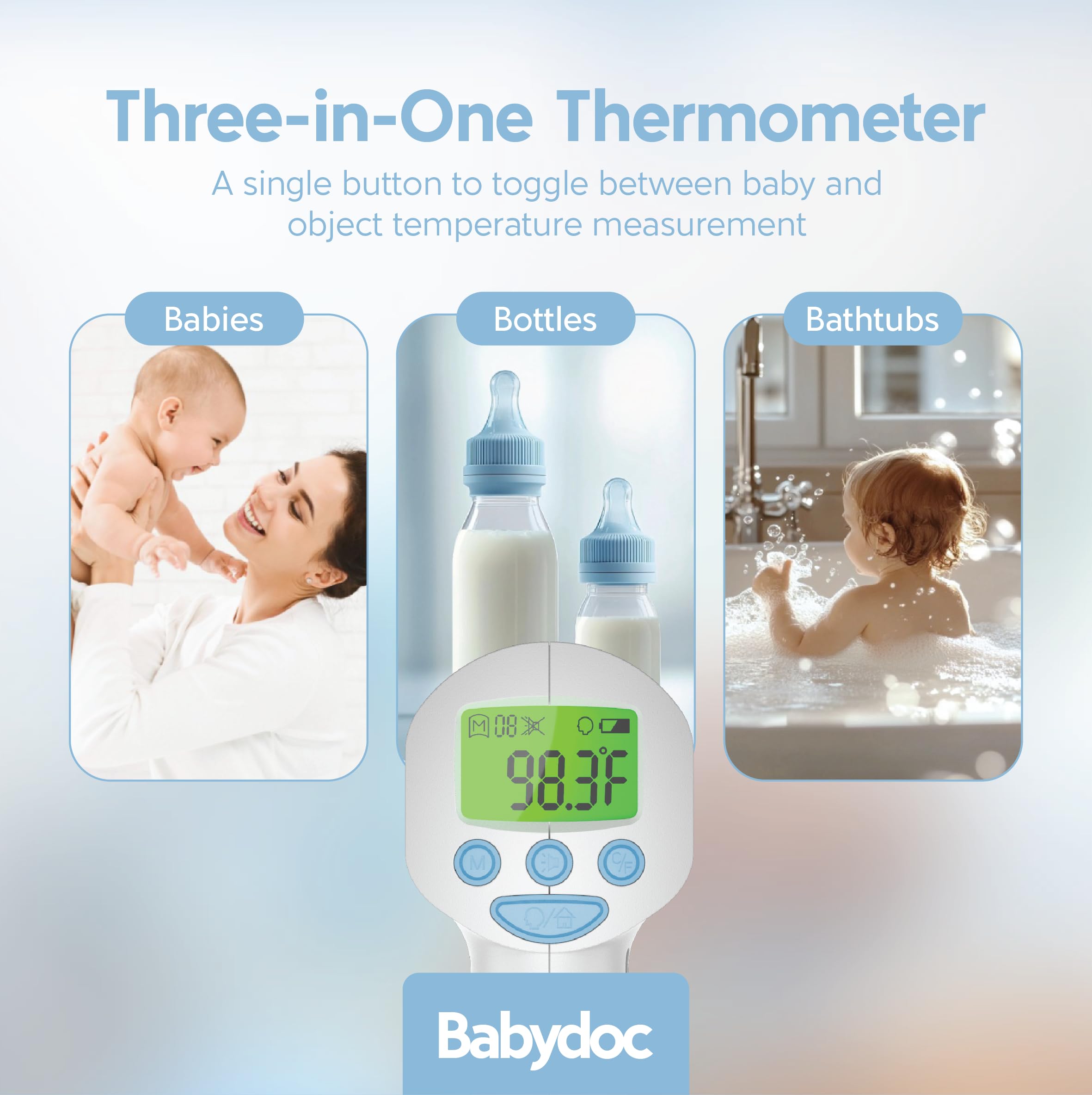 Babydoc Medical Grade FSA-HSA Eligible Baby Thermometer for Kids, AccuTemp German Sensor, 3-in-1 Safe Non-Contact Infrared Forehead Thermometer, Object Mode for Milk or Bathwater, Infants, Children