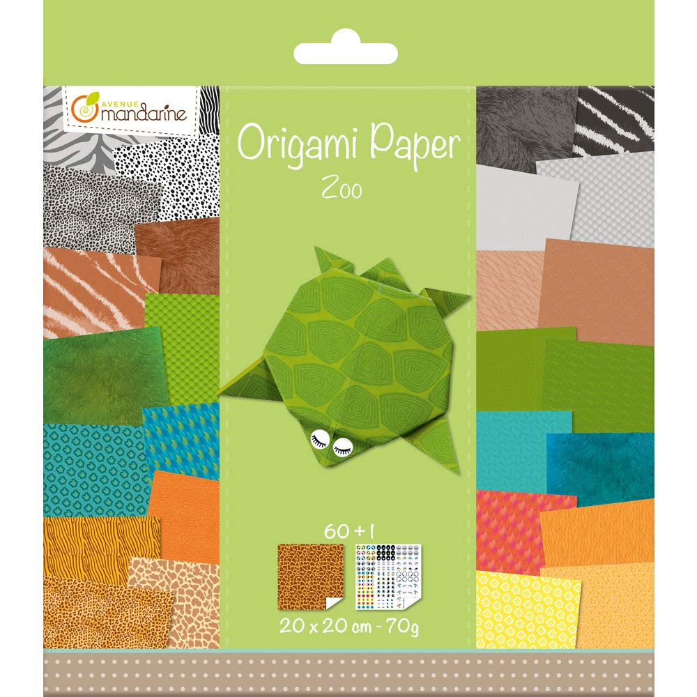 Avenue Mandarine - Origami Sheets - Zoo Animals, 20 x 20cm, 60 Sheets, Eye Stickers, Ages 7+