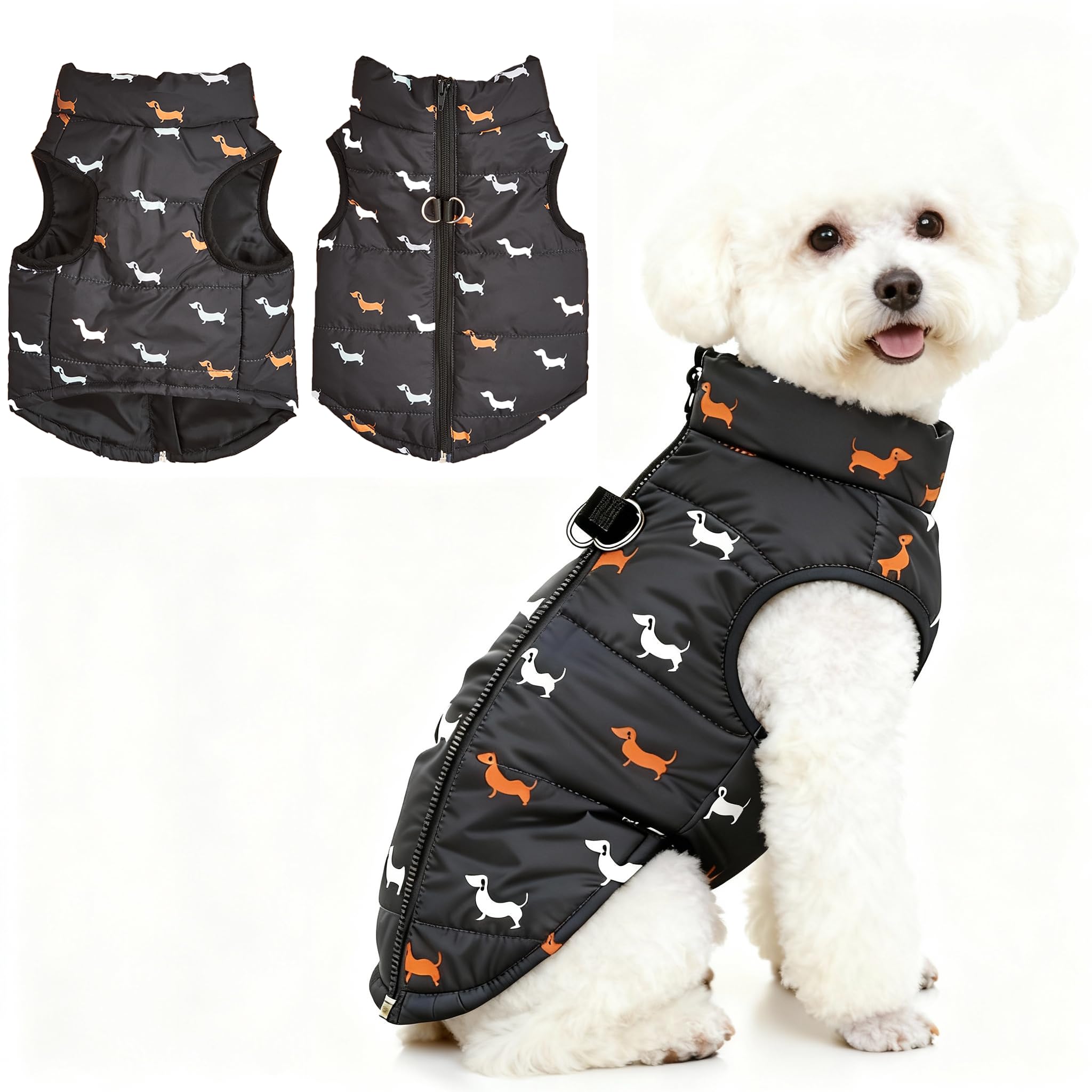 Asmea Dog Coat Warm Dogs Jacket Harness with D-ring Slightly Water-resistant Waterproof Puppy Coats for Cold Weather Christmas Dog Clothes Winter Small Dogs Coats Dachshund Coat Black L
