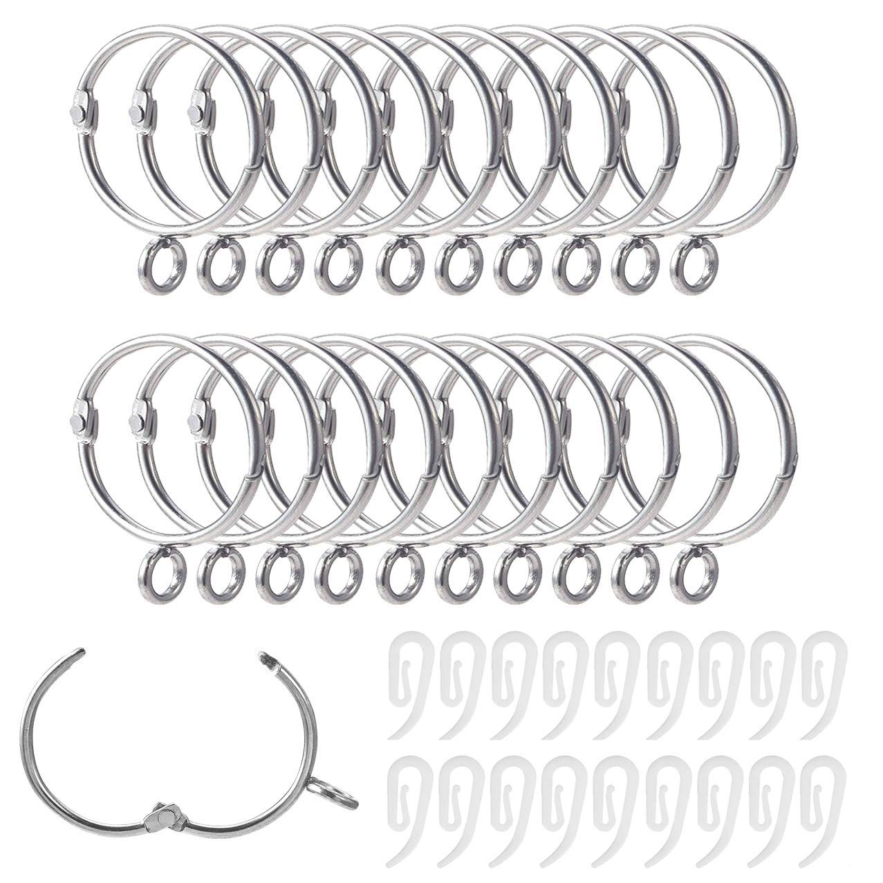 Curtain Rings and Hooks, 20pcs 32mm Internal Diameter Silver Metal & with Curtain Hooks, Loose Leaf Ring - Easy to Open/Close, Rail for Hanging Rings Curtains and Pole rail (Silver)