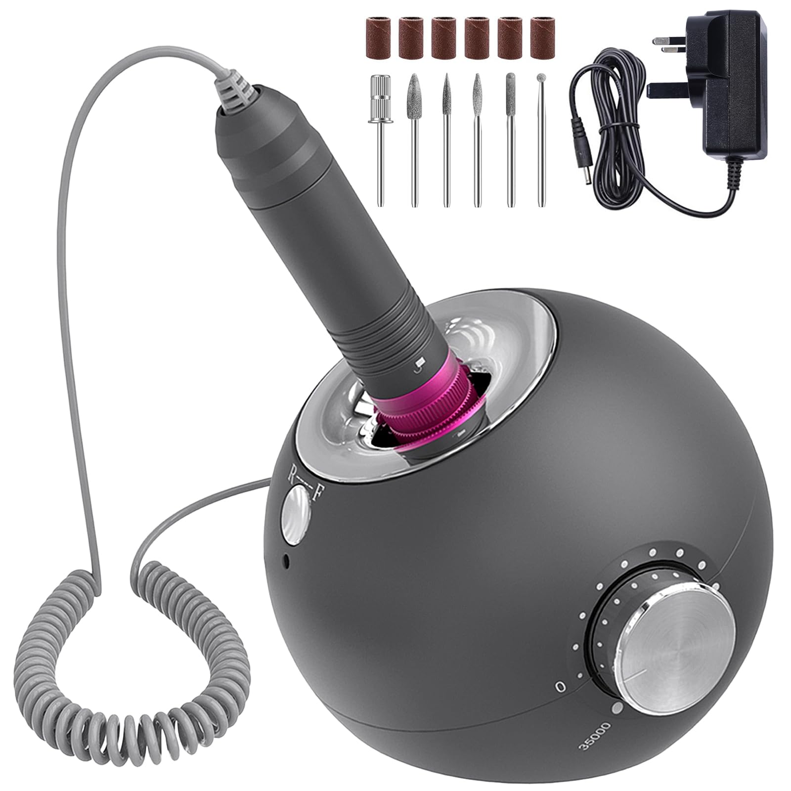 Delanie Professional Nail Drill Machine 35000RPM for Acrylic Nails Gel Polish Electric Nail File Kit Manicure Drill Set for Home and Salon Use with Six Sanding Bands and Drill Bits UK Plug(Wired-Gray)