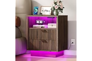 GOLDDAY Nightstand with Charging Station & LED Light, 2-Drawer Bedside Table with Outlets, Modern End Table with Open Shelf, 