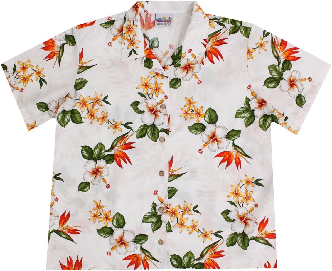 Women's White Hawaiian Shirts with Bird of Paradise Flowers