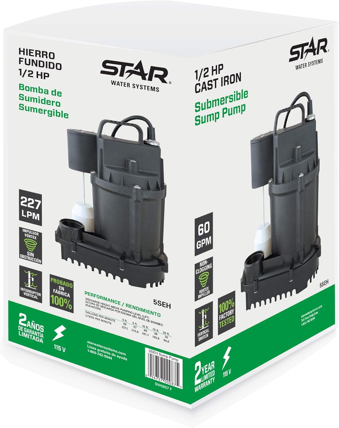 Star 5SEH 1/2 HP Cast Iron Submersible Sump Pump with Premium Vertical Float Switch (1-1/2
