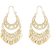 Bohemian Filigree Chandelier Hoop Earrings Handmade Unique Gold Hollow Out Coin Disc Tassel Lightweight Big Dangle Drop Earrings for Women Boho Ethnic Style Trendy Jewelry Gifts