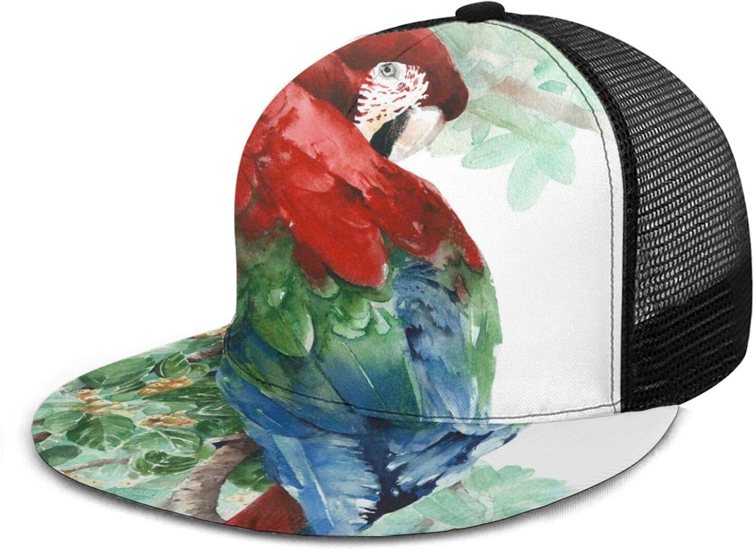 Nicokee Parrot Macaw Itting On The Tree Mesh Hat Baseball Cap Watercolor Animal Bird Red Green