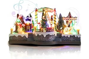 Vigdur Christmas Village Houses - Lighted Xmas Carousel & Rotating Train and 8 Xmas Songs, Christmas Animation Village Indoor Holiday Tabletop Decorations for Home Tabletop Gift