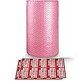 Anti-Static Bubble Cushioning Wrap Rolls, 3/16" x 12" x 15' ft Total, Perforated Every 12" Included 10 Fragile Stickers for Packaging, Shipping, Mailing [Pink]