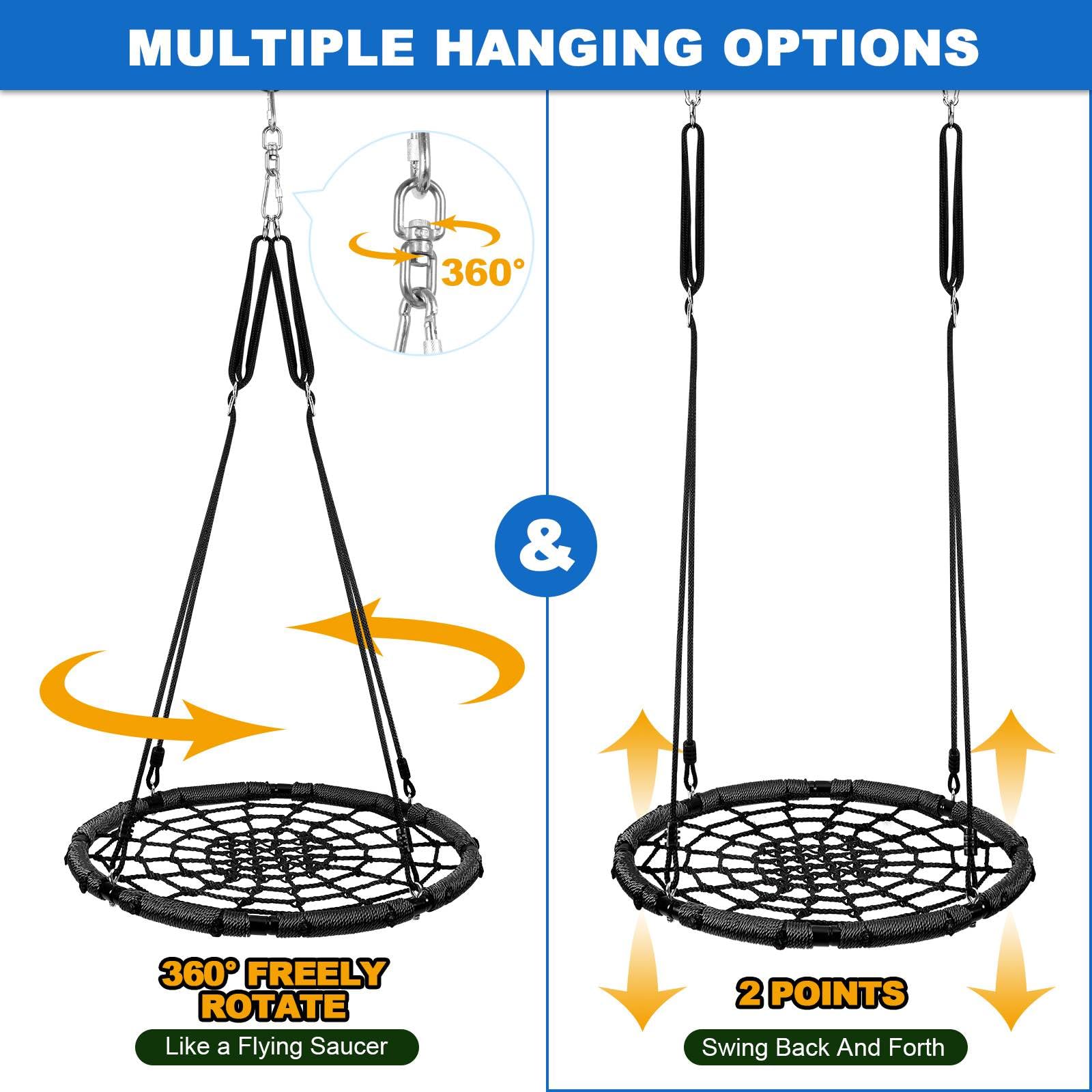 Odoland Spider Web Tree Swing for Kids and Adult, Outdoor Saucer Net Round Swing with Steel Frame and 2 Hanging Straps and Turnbuckle - 43in Large Platform for Backyard Park Travel