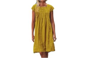 MAMIDAY Linen Dress for Women Pleated Summer Dresses Round Neck Short Sleeve Sundress Beach Vacation Casual Mini Dress 2024