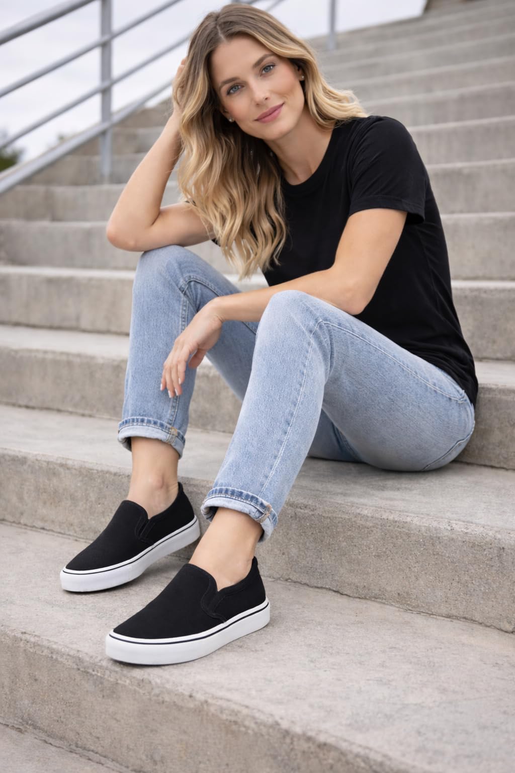 Emma Shoes Low-Top Slip Ons Women's Fashion Sneakers Casual Canvas Sneakers for Women Comfortable Flats Breathable Padded Insole Slip on Sneakers Women Low Slip on Shoes, Black, 8