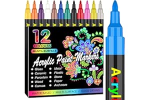 RESTLY 12 Colors Acrylic Paint Pens Paint Markers, 0.7mm Extra Fine Acrylic Paint Pens for Canvas, Rock Painting, Wood, Glass, Metal, Ceramic, Stone, DIY Crafts & Art Supplies