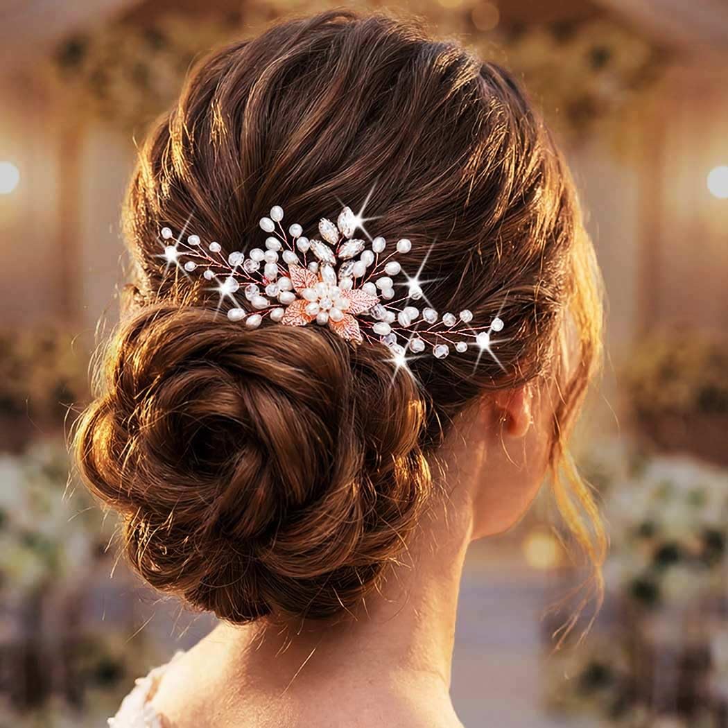 Ushiny Pearl Bride Wedding Hair Comb Crystal Bridal Hair Accessories Rhinestone Headpiece for Women and Girls(Rose Gold)