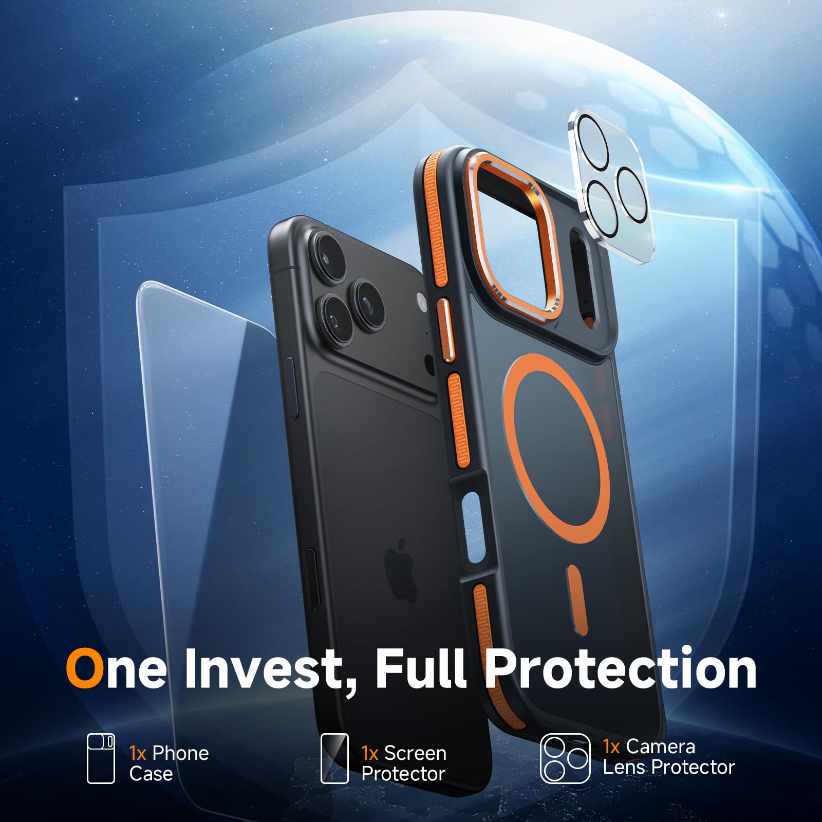 Magnetic 3 in 1 for iPhone 17 Pro Max Case, [Omni-Directional Protection] with 1x Screen Protector + 1x Camera Cover, [Seamless Work with Magsafe] Protective Case for iPhone 17 Pro Max Cosmic Orange