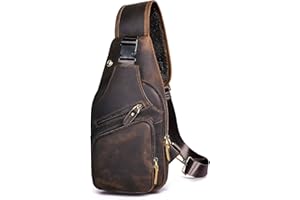 Le'aokuu Men Fashion Casual Tea Designer Travel Hiking Crossbody Chest Sling Bag Rig One Shoulder Strap Bag Men Leather 8015