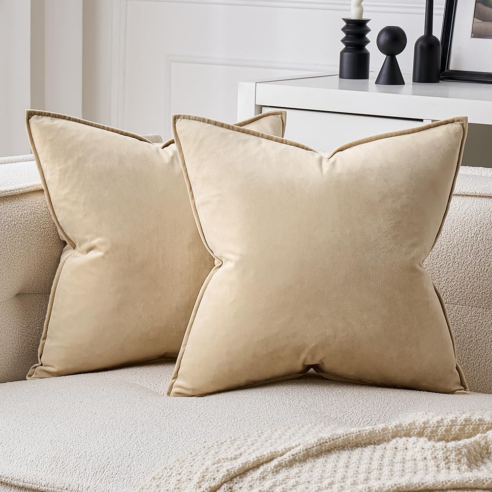 Photo 1 of MIULEE Beige Decorative Velvet Throw Pillow Covers Soft Pillow Covers Soild Square Cushion Case for Summer Sofa Bedroom 18x18 Inch 45x45 cm