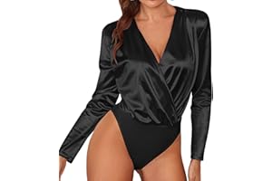 Chigant Women's Bodysuit Top Satin Long Sleeve V Neck Snap Closure Wrap Body Suits Leotard