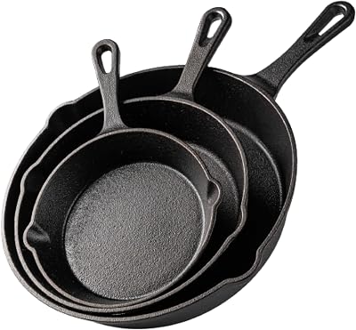 nuovva Pre-Seasoned Cast Iron Skillet 3-Piece Set 6in 8in 10in Frying Pan