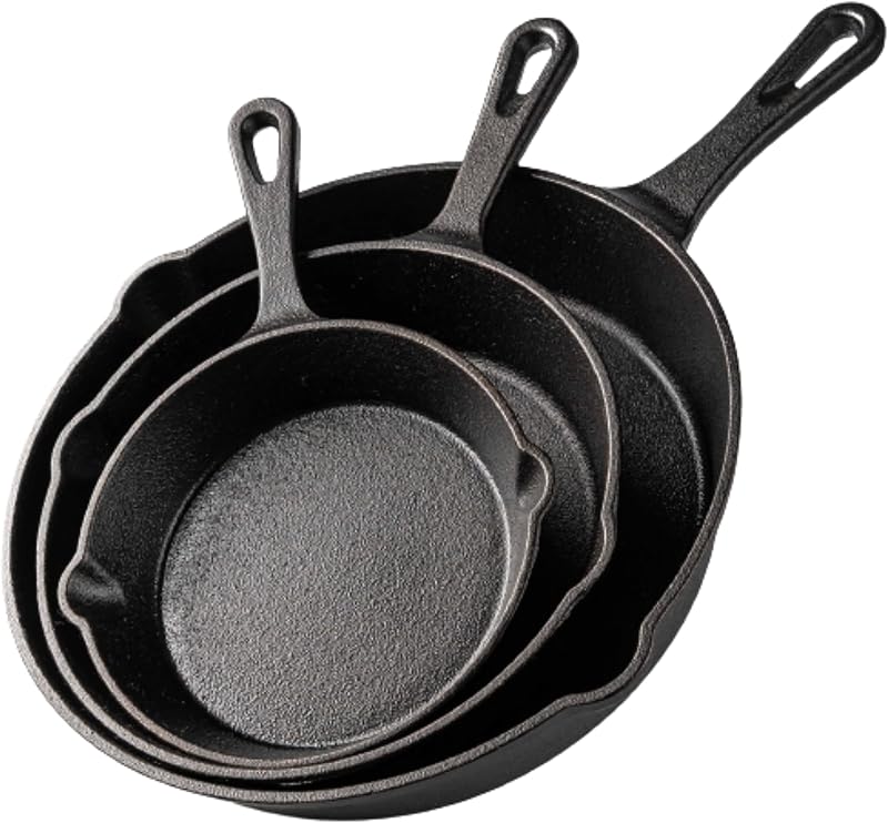 nuovva Pre-Seasoned Cast Iron Skillet 3-Piece Set 6in 8in 10in Frying Pan