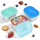 Tanjiae 3×8oz Small Stainless Steel Snack Containers for Kids & Toddlers - 230mL Leakproof Food Containers with Cute Dino Lids | LFGB Certified, Stackable Metal Snack Box for Daycare, School, Travel