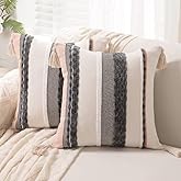 WANLIRD Boho Throw Pillow Covers 18x18 Set of 2 Woven Tufted Farmhouse Pillows Cover with Tassels Textured Striped Cushion Case Neutral Pillow Cases Decorative Pillowcase for Sofa Couch,Dark Grey