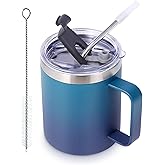 Volhoply 12oz Insulated Leakproof Coffee Mug with Flip & Straw Lid,Double Wall Vacuum Stainless Steel Travel Tumbler Cup with Handle,Reusable Camping Mugs Keep Cold/Hot(Dark Night,1 Set)